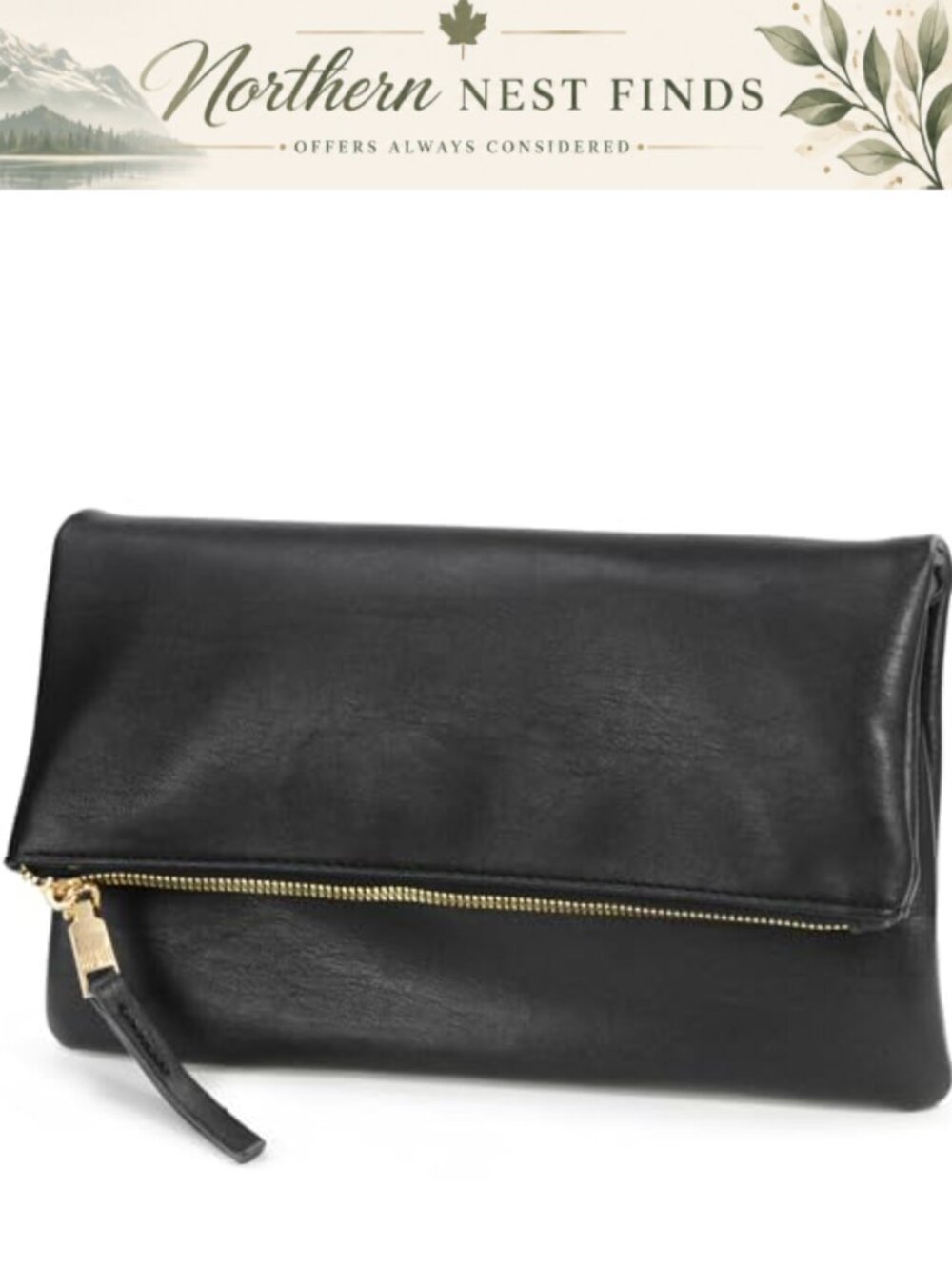 Women's Zipper Foldover Clutch Vegan Leather Crossbody Bag w Chain Strap